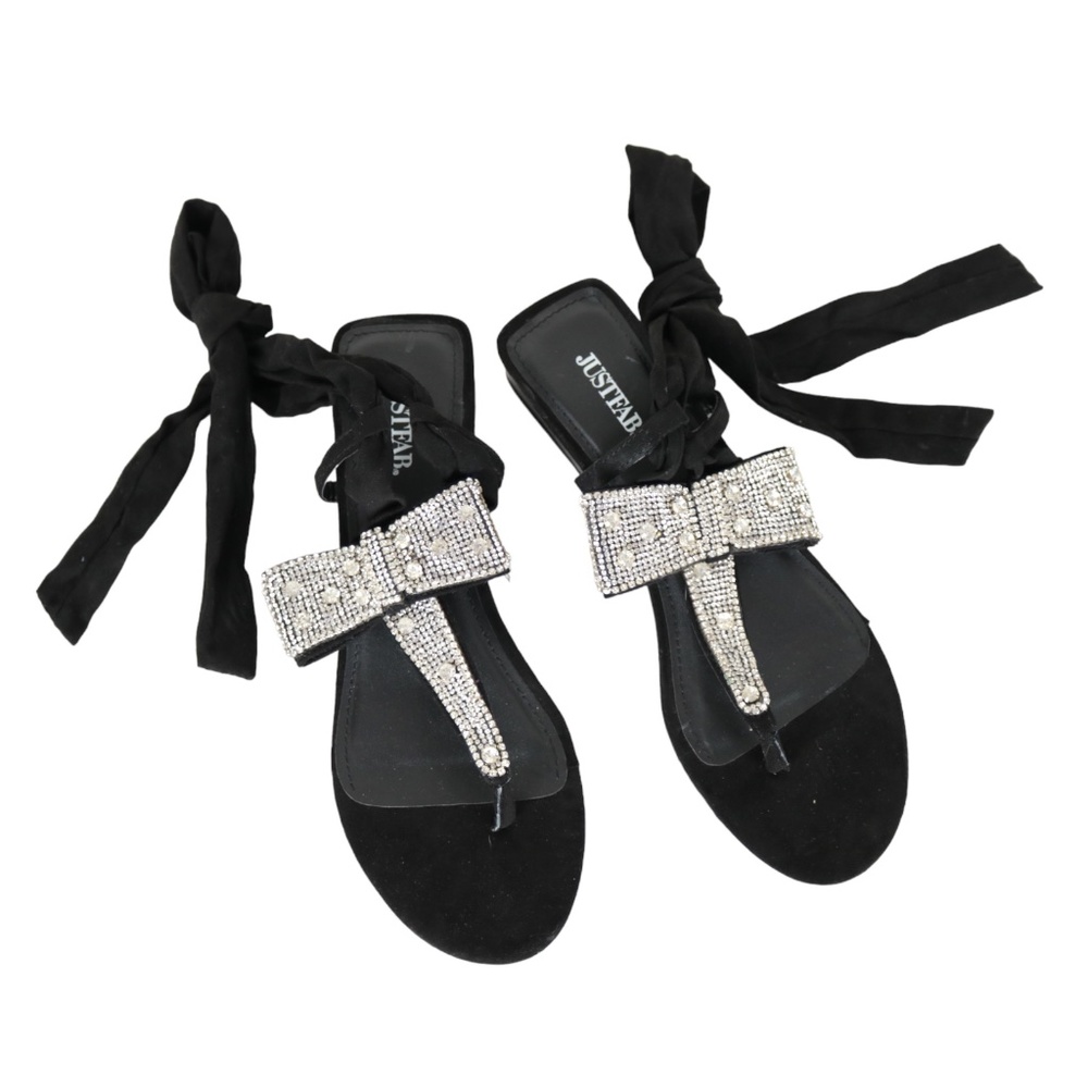 JustFab Wrap Up Ankle Tie Black Crystal Rhinestone Bow Flats Sandals Size 7.5